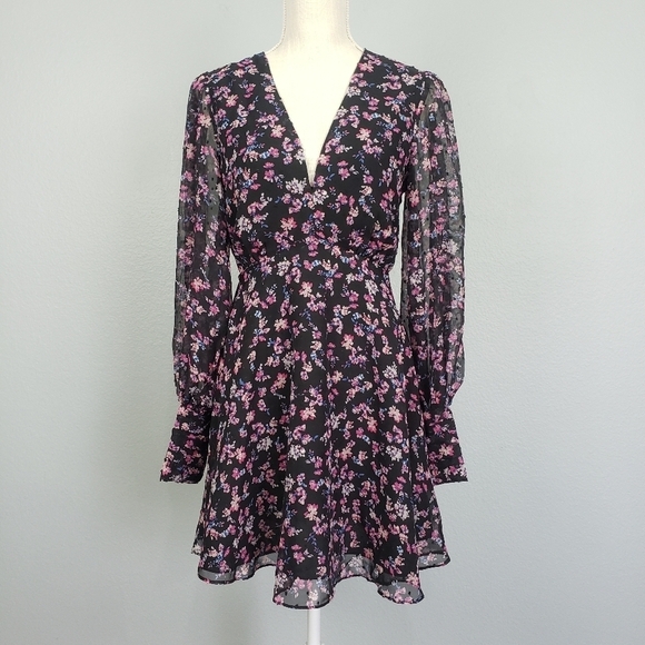 BUDDY LOVE Parker V-Neck Black Floral Print Sheer Long Sleeve Mini Dress Sz XS - Picture 2 of 9